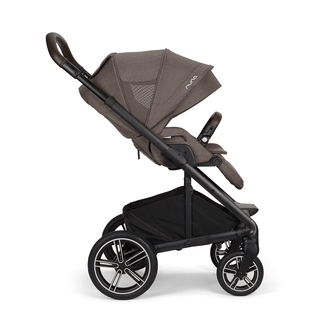 Brown nuna mixx next stroller with black frame wheels mesh canopy and padded handle in chestnut color viewed from back