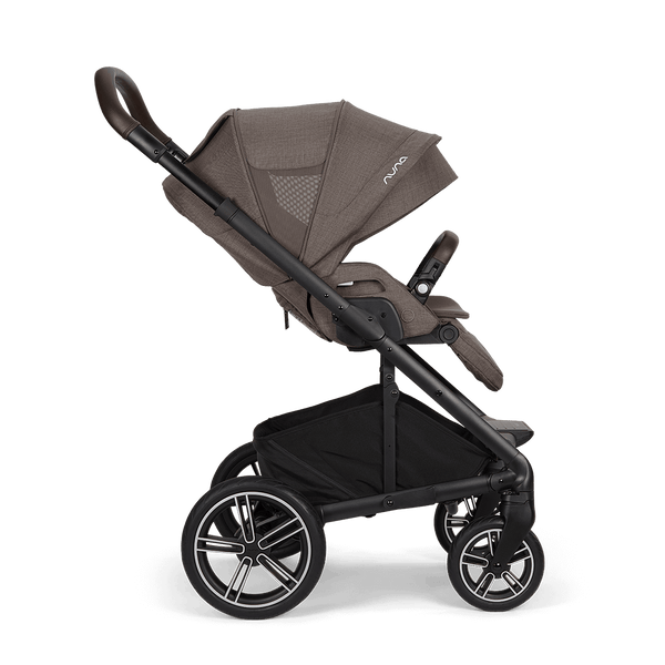Brown nuna mixx next stroller with black frame wheels mesh canopy and padded handle in chestnut color viewed from back