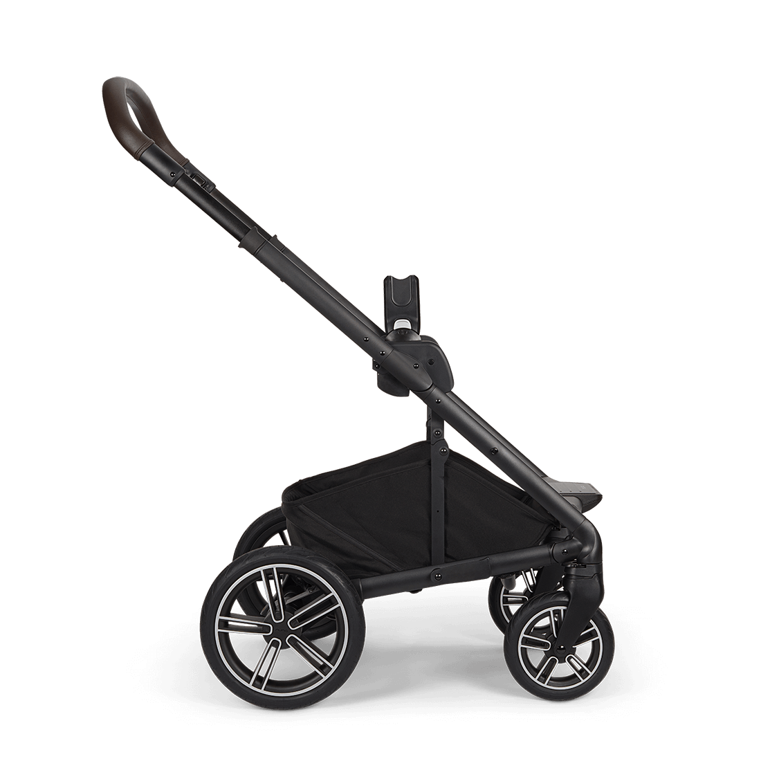 Black Nuna MIXX NEXT stroller with sleek modern design and matte-finished frame shown from the back side