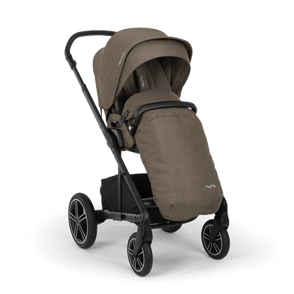 Brown fabric-covered nuna mixx next stroller with black metal frame and wheels showing sleek design and brand logo