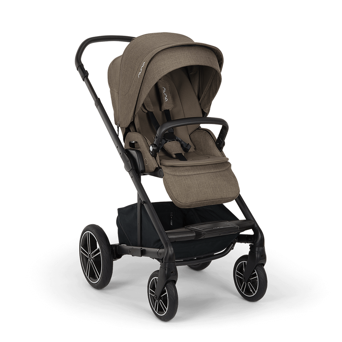 Nuna mixx next stroller in pistachio with tan fabric seat and sleek black metal frame and wheels