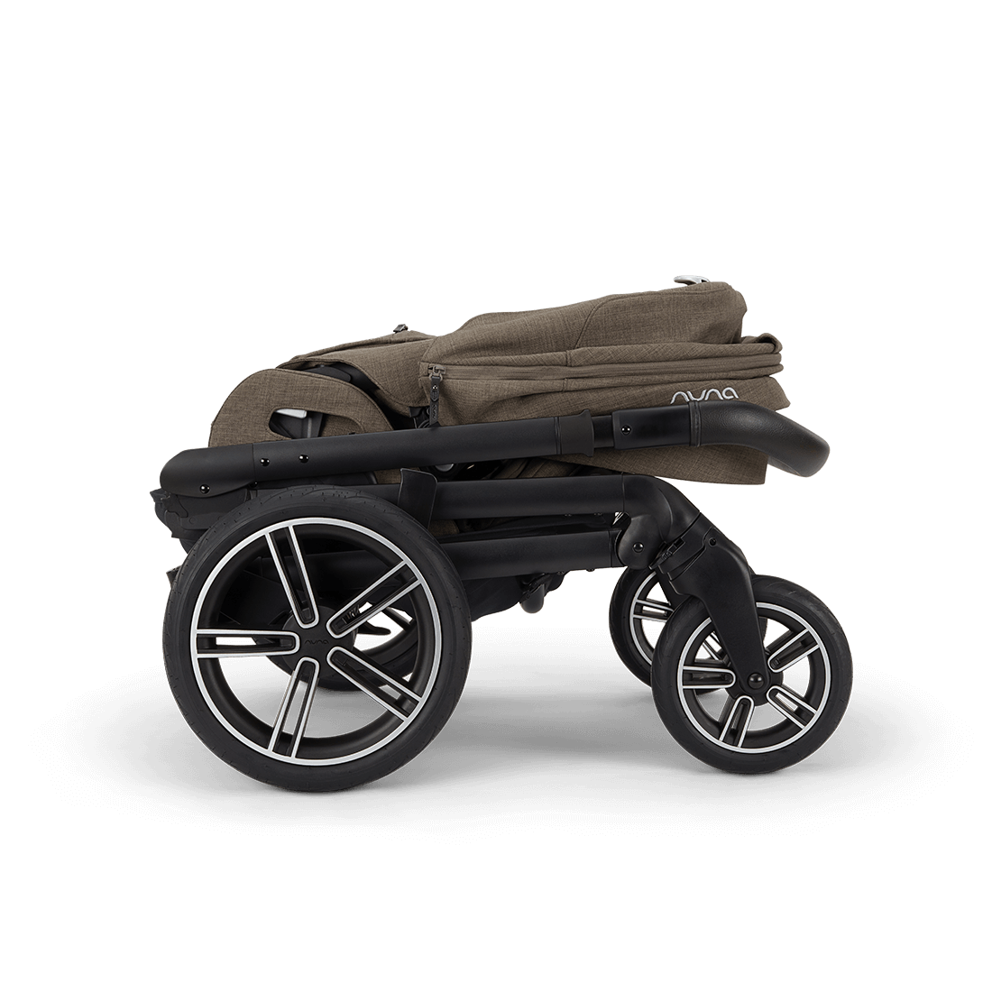 Brown fabric nuna mixx next stroller with black frame and silver accented wheels shown from the back side