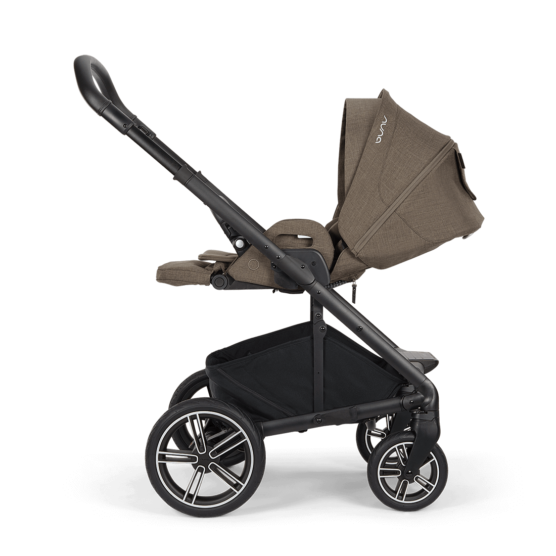 Brown fabric canopy with subtle stitching and white logo on black metal frame Nuna MIXX NEXT stroller pistachio