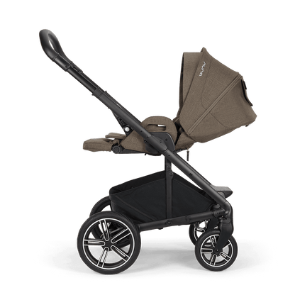 Brown fabric canopy with subtle stitching and white logo on black metal frame Nuna MIXX NEXT stroller pistachio