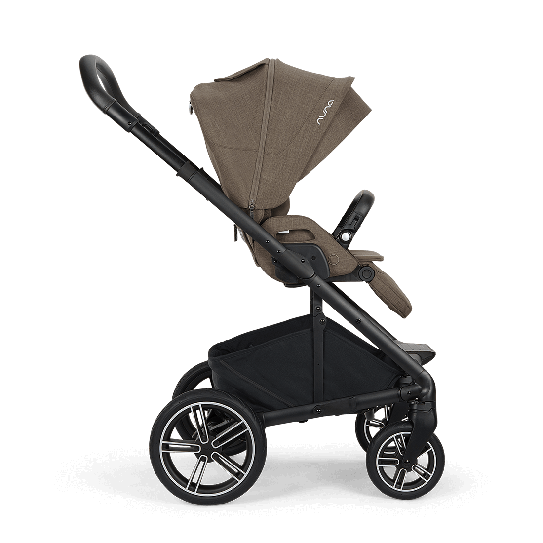 Brown fabric-covered nuna mixx next stroller with black metal frame and wheels featuring sleek design and logo on canopy