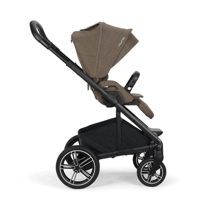Brown fabric-covered nuna mixx next stroller with black metal frame and wheels featuring sleek design and logo on canopy