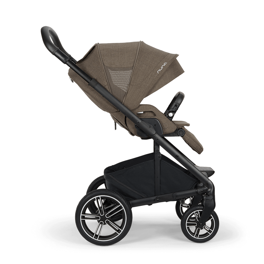 Nuna MIXX NEXT stroller in brown and black with a sleek modern design featuring mesh panels on the canopy