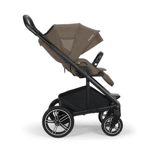 Nuna MIXX NEXT stroller in brown and black with a sleek modern design featuring mesh panels on the canopy
