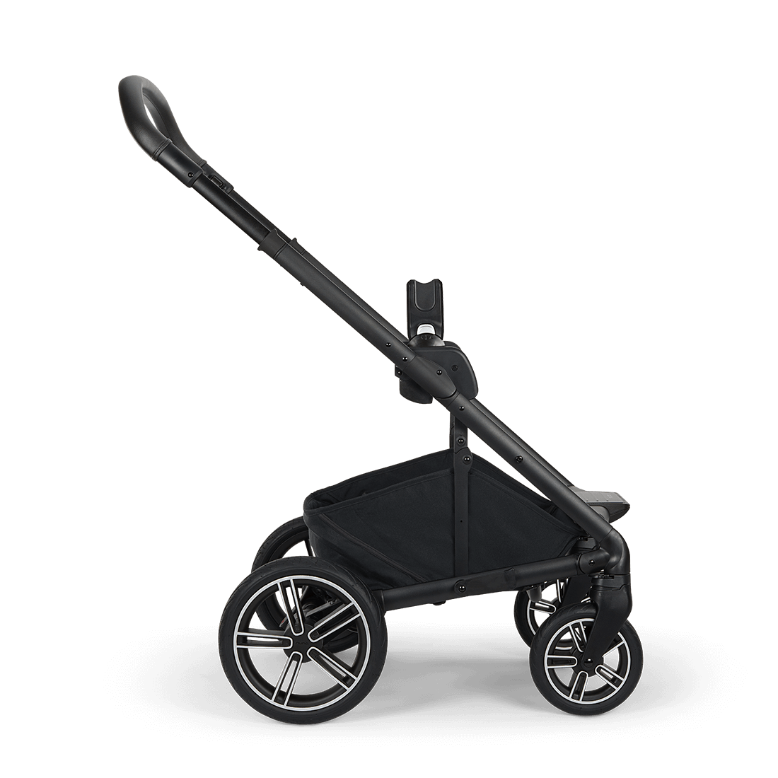 Black nuna mixx next stroller with sleek modern design and silver accented wheels shown from the back side
