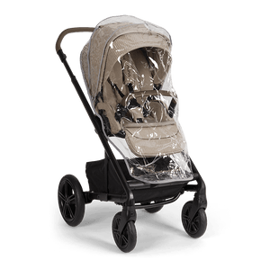 Beige nuna mixx next stroller with black frame and wheels featuring a clear rain cover over the seat