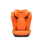 Recaro AXION 1 in Vibrant Orange, front view with padded side wings and green belt guides.