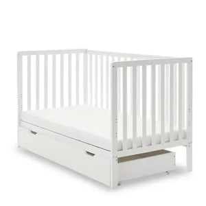 OBaby Bantam Cot Bed With Underbed Drawer & Fibre Mattress – White | Bundle Deal Obaby