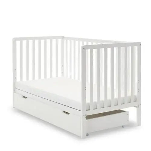 OBaby Bantam Cot Bed With Underbed Drawer & Fibre Mattress – White | Bundle Deal Obaby