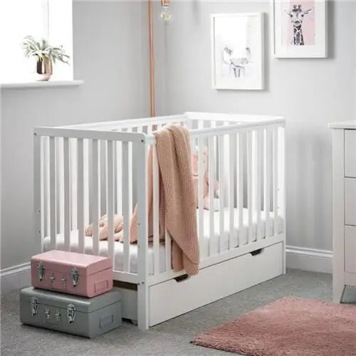 OBaby Bantam Cot With Underbed Drawer & Fibre Mattress – White | Bundle Deal Obaby