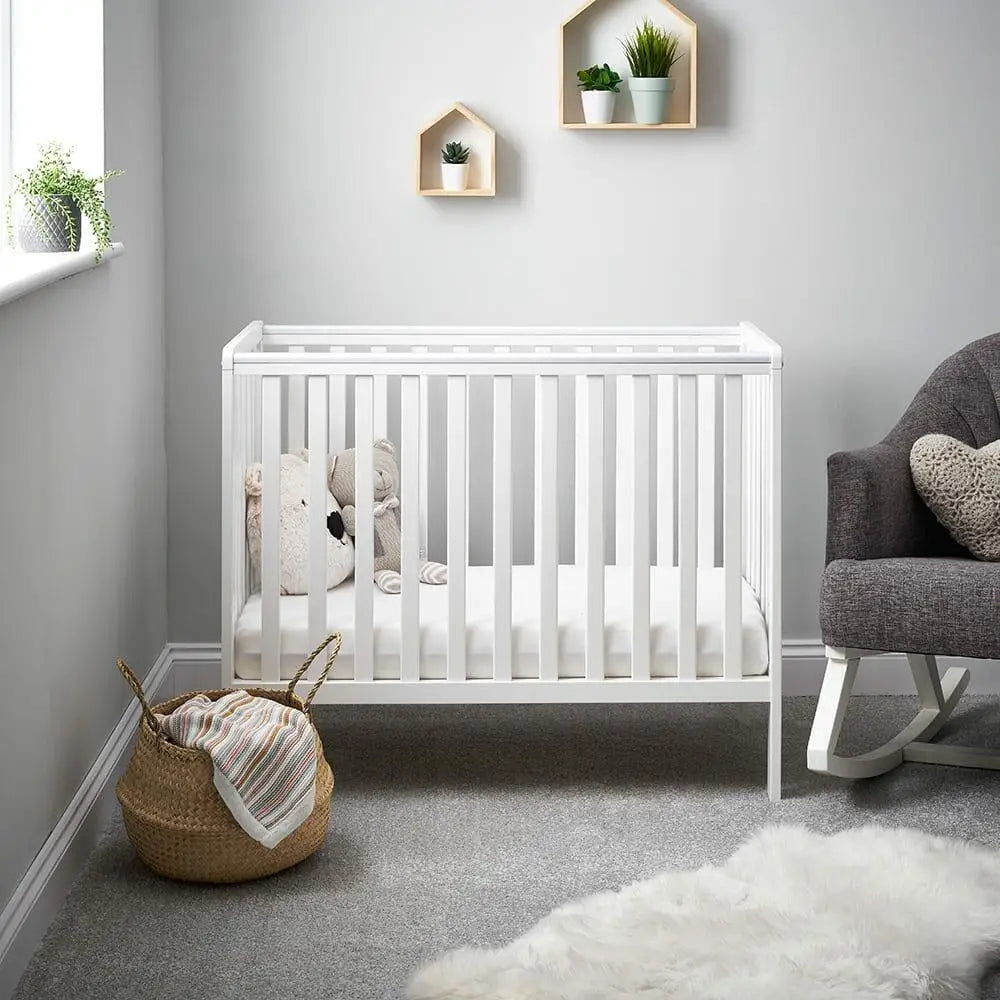 OBaby Bantam Space Saver Cot & Fibre Mattress – White | Bundle Deal Obaby