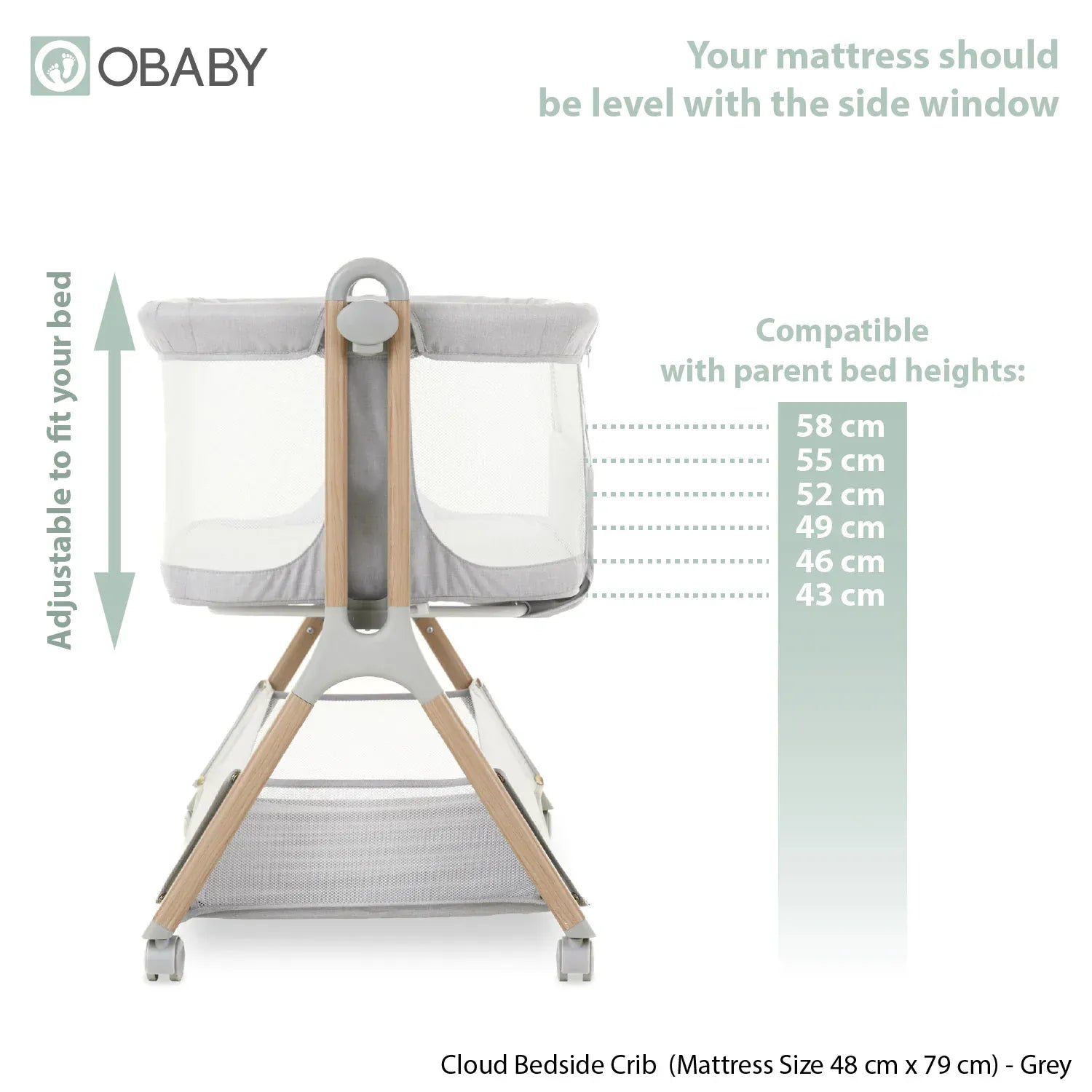 OBaby Cloud Bedside Crib – Cloud Grey OBaby