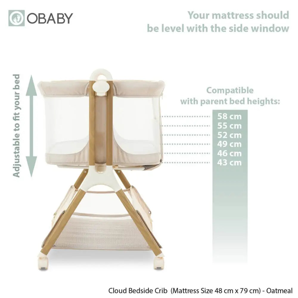 OBaby Cloud Bedside Crib Bundle Including Fitted Sheets – Oatmeal adjustable height diagram and specifications