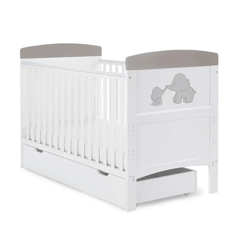 OBaby Grace Inspire Mini & Me Elephants Cot Bed - Grey With Under Bed Drawer  Obaby   