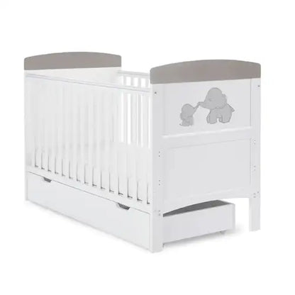 OBaby Grace Inspire Mini & Me Elephants Cot Bed - Grey With Under Bed Drawer  Obaby   