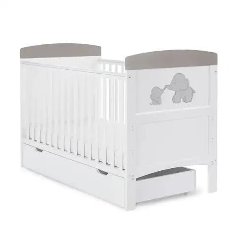 OBaby Grace Inspire Mini & Me Elephants Cot Bed - Grey With Under Bed Drawer  Obaby   