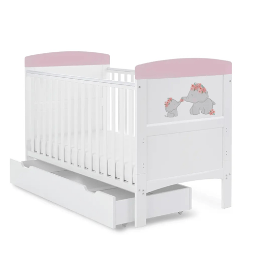 OBaby Grace Inspire Mini & Me Elephants Cot Bed - Pink With Under Bed Drawer  Obaby   