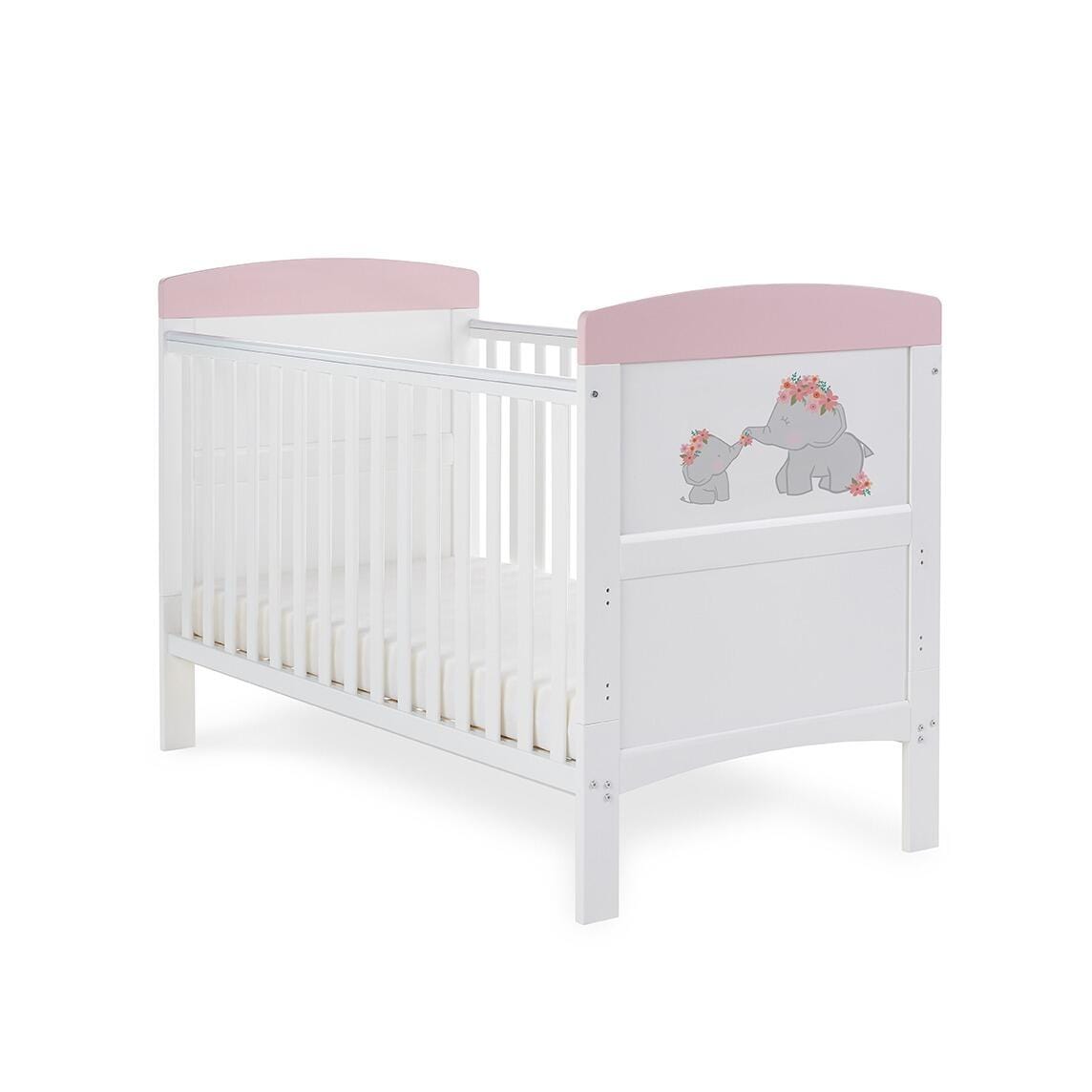 OBaby Grace Inspire Mini & Me Elephants Cot Bed - Pink With Under Bed Drawer  Obaby   