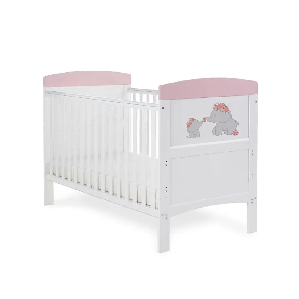 OBaby Grace Inspire Mini & Me Elephants Cot Bed - Pink With Under Bed Drawer  Obaby   