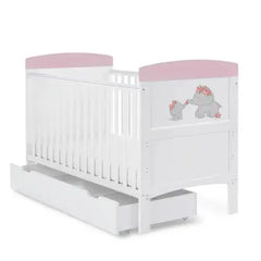 OBaby Grace Inspire Mini & Me Elephants Cot Bed - Pink With Under Bed Drawer