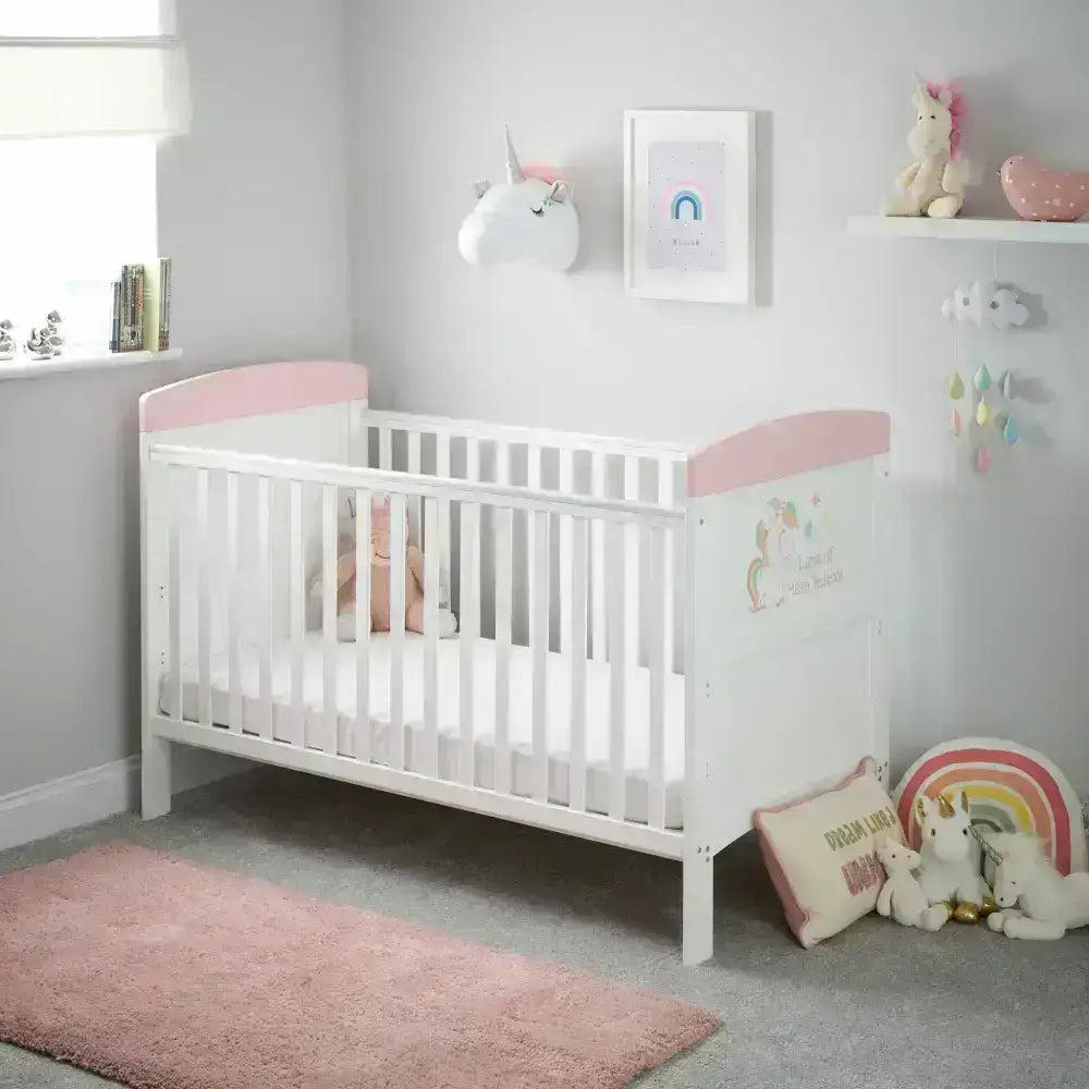 Obaby OBaby Grace Inspire Unicorn Cot Bed & Fibre Mattress – Pink