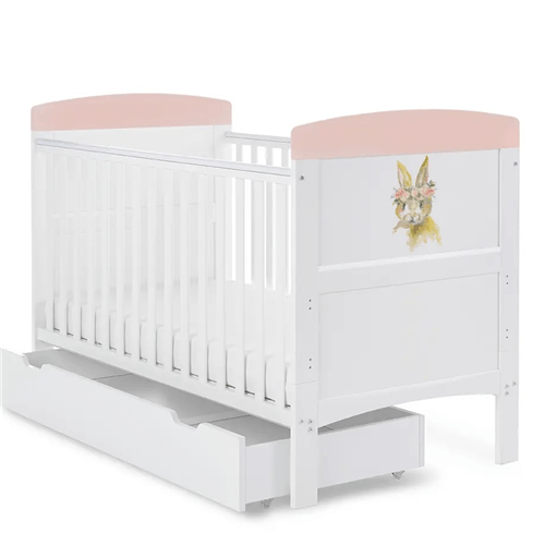 OBaby Grace Inspire Water coloured Rabbit Themed Cot Bed + Under Bed Drawer  Obaby   