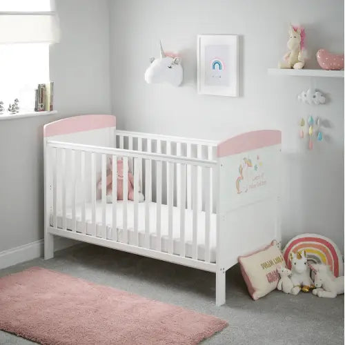 OBaby Grace Unicorn Themed Cot Bed - White & Pink Obaby
