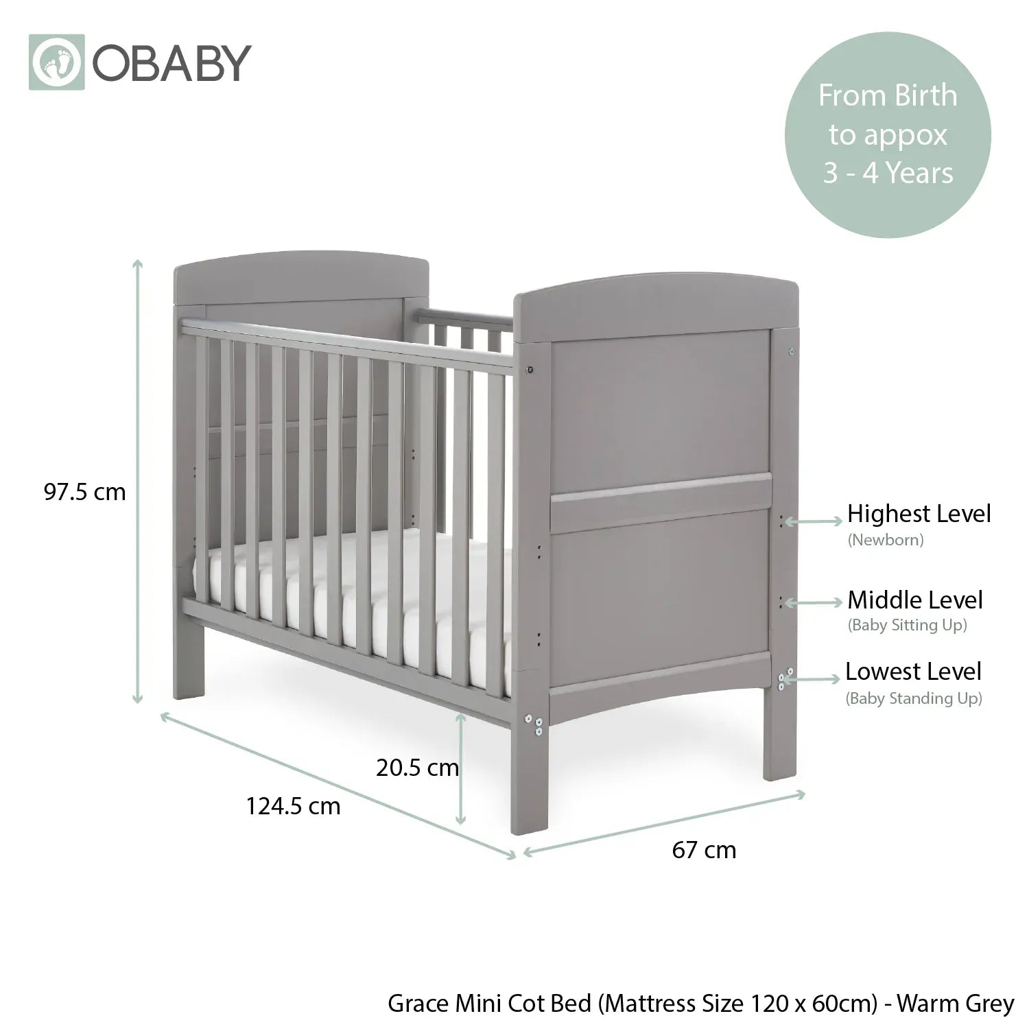 OBaby Grace Warm Grey Mini Cot Bed Obaby