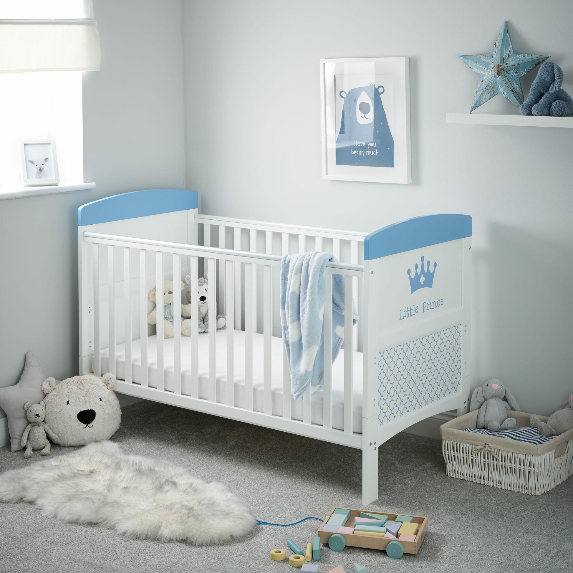 OBaby Little Prince Themed Cot Bed - White & Blue  Obaby   