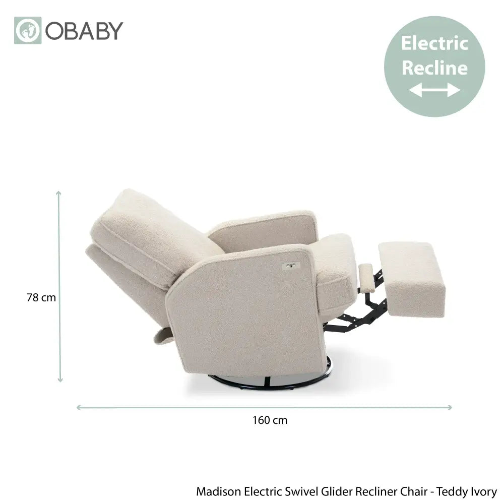 Obaby Madison Electric Swivel Glider Recliner Chair Teddy Ivory Obaby