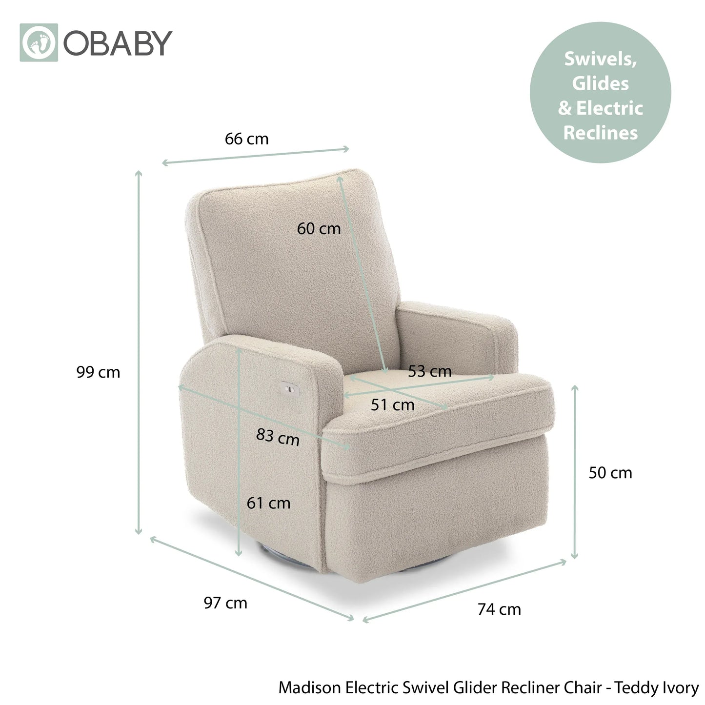 Obaby Madison Electric Swivel Glider Recliner Chair Teddy Ivory Obaby