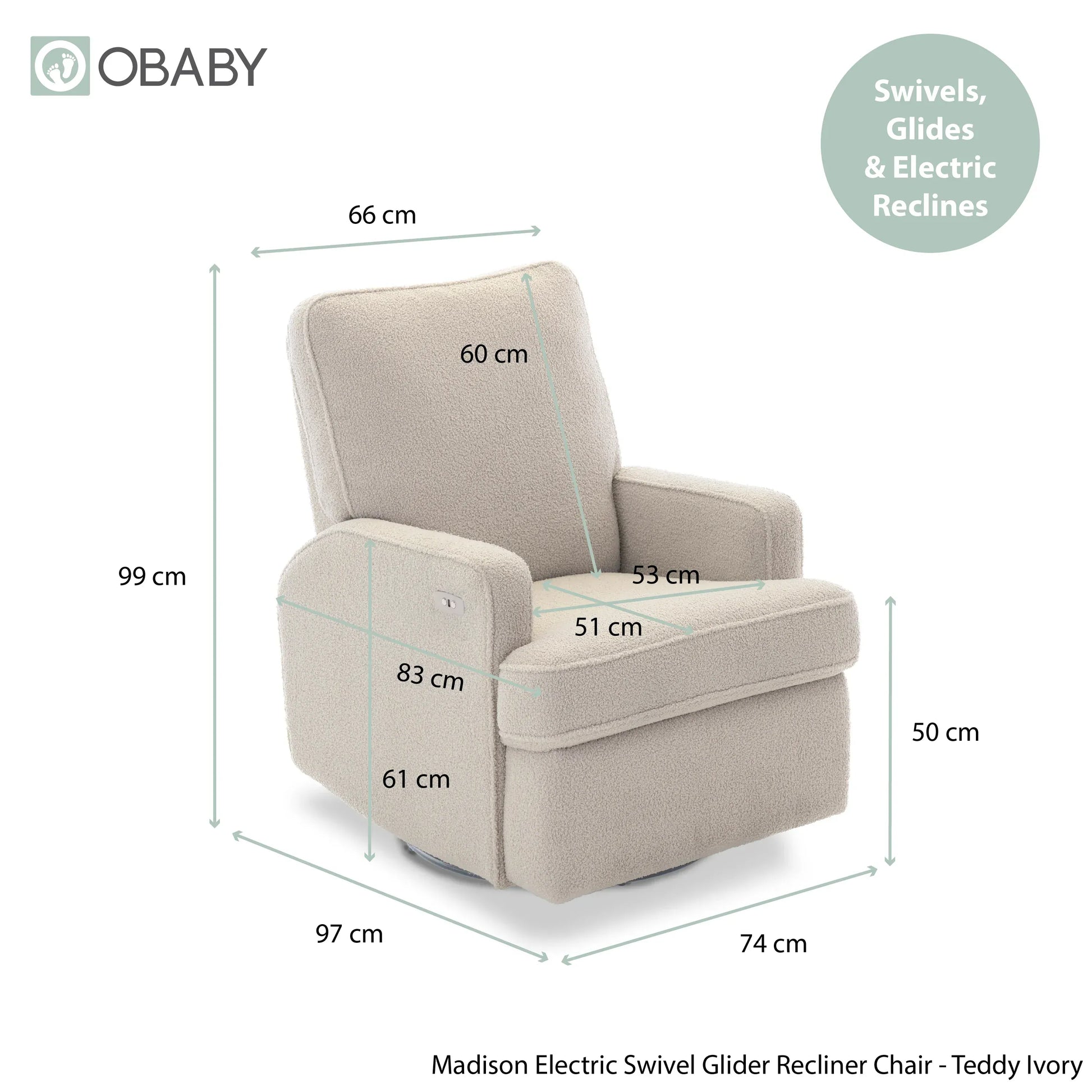 Obaby Madison Electric Swivel Glider Recliner Chair Teddy Ivory Obaby