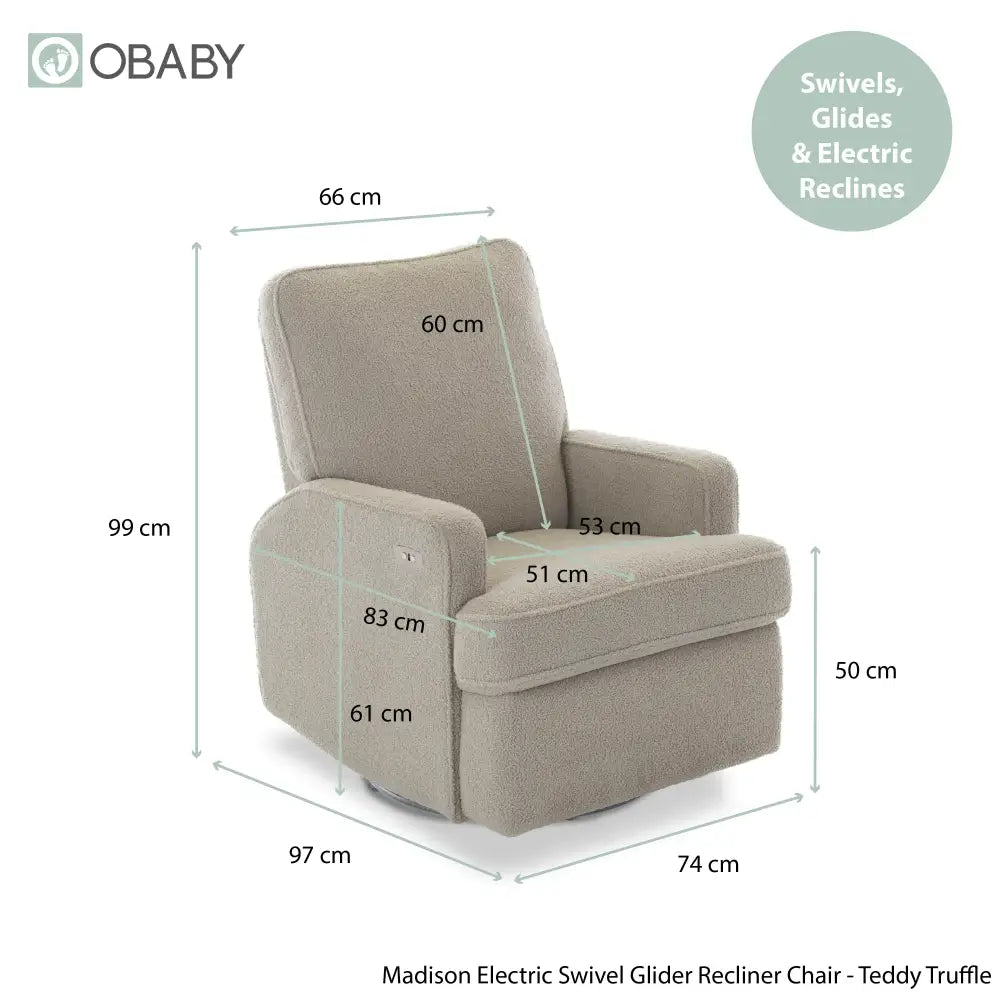 Obaby Madison Electric Swivel Glider Recliner Chair Teddy Truffle Obaby