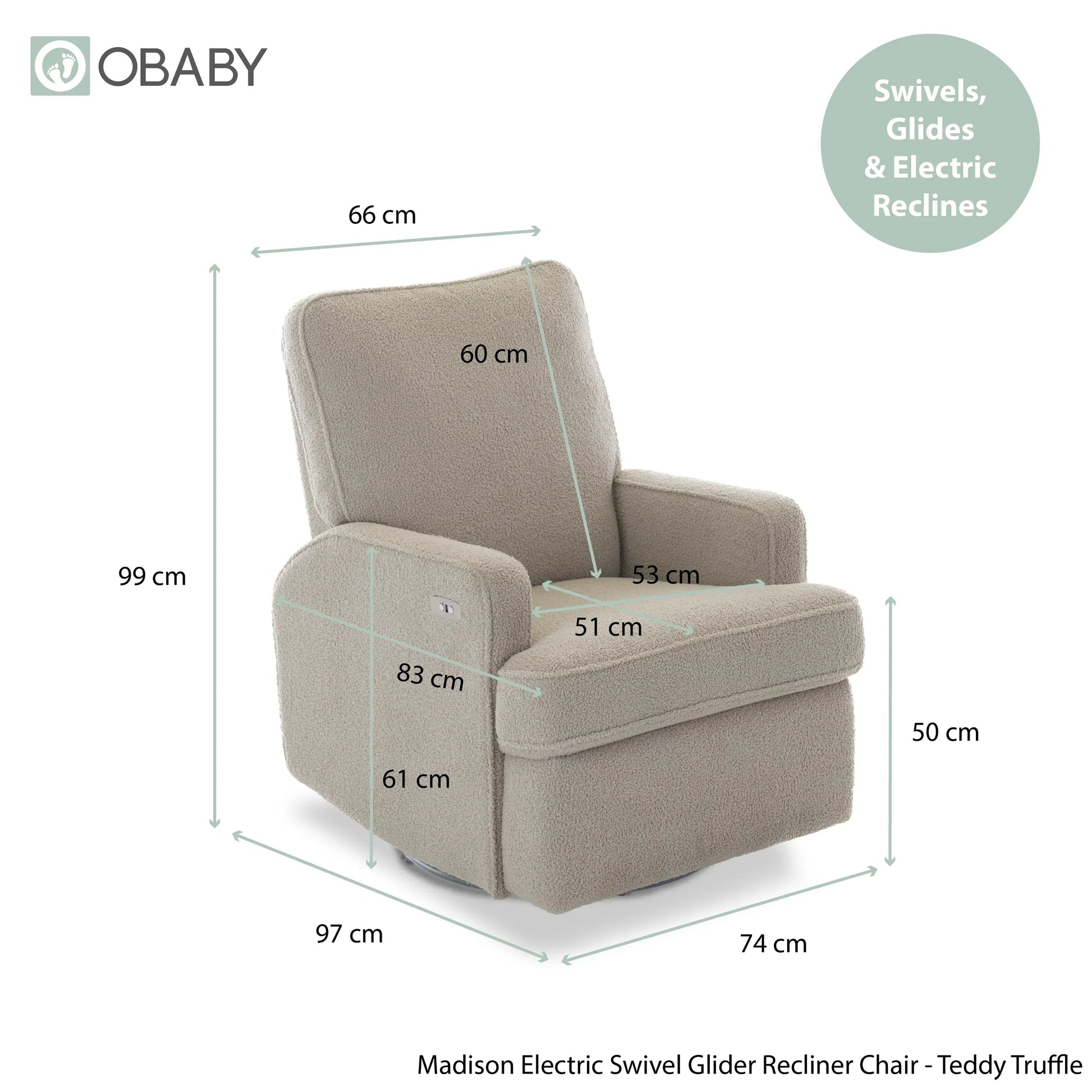 Obaby Madison Electric Swivel Glider Recliner Chair Teddy Truffle Obaby