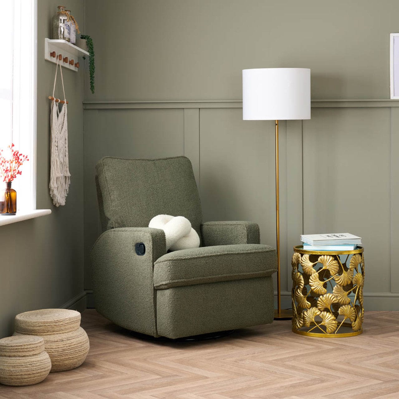 Obaby Madison Swivel Glider Recliner Chair Teddy Olive Obaby