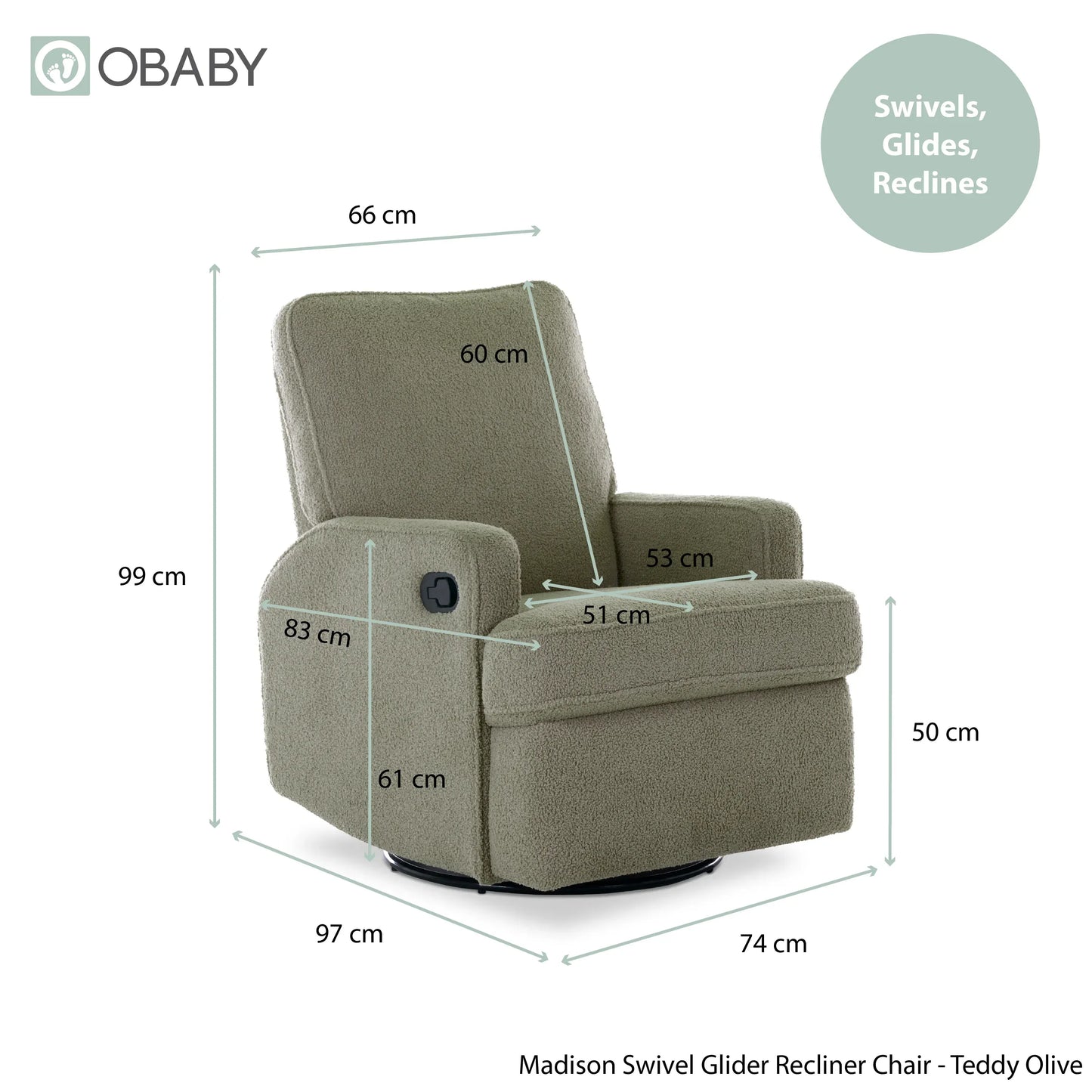 Obaby Madison Swivel Glider Recliner Chair Teddy Olive Obaby