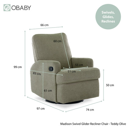 Obaby Madison Swivel Glider Recliner Chair Teddy Olive Obaby