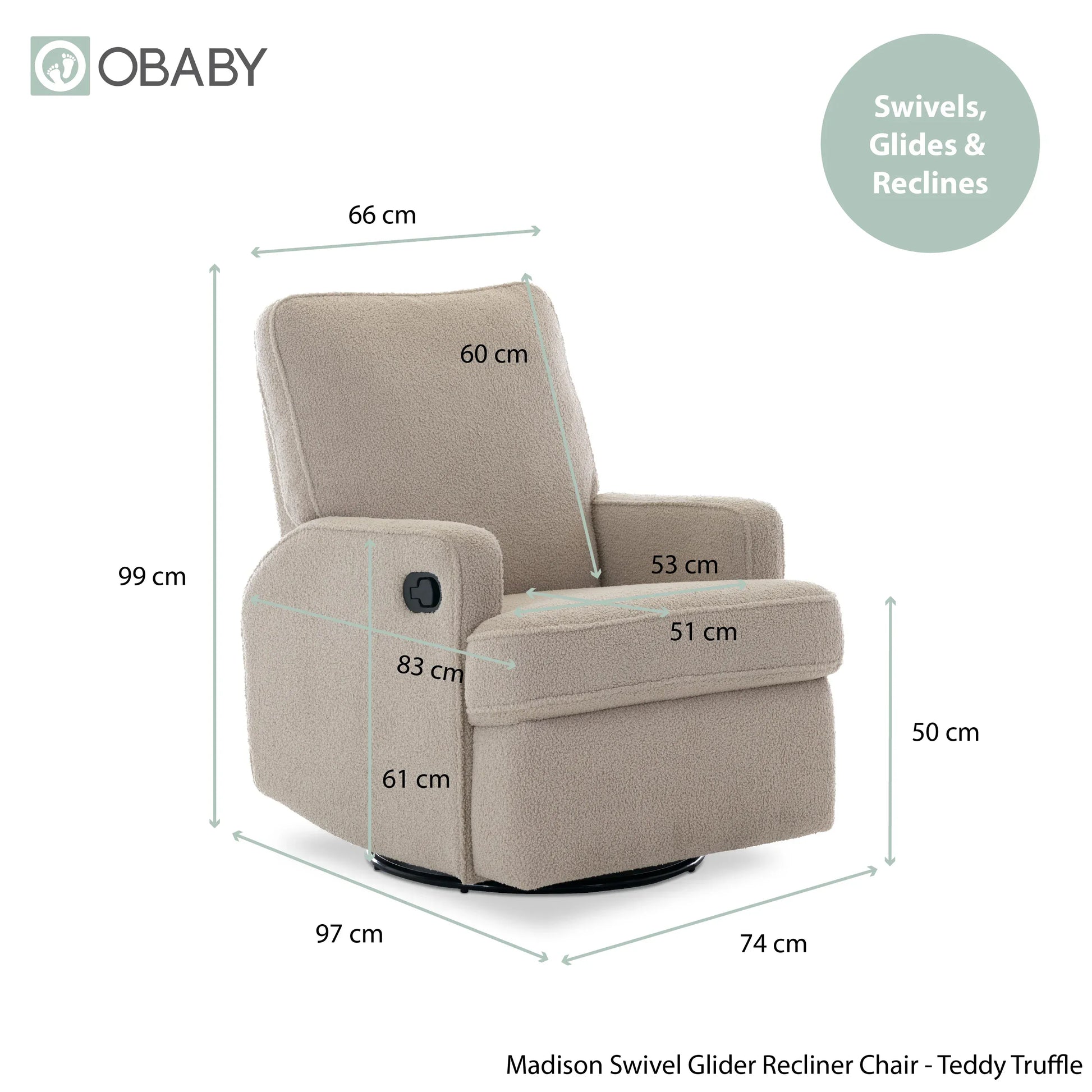 Obaby Madison Swivel Glider Recliner Chair Teddy Truffle Obaby