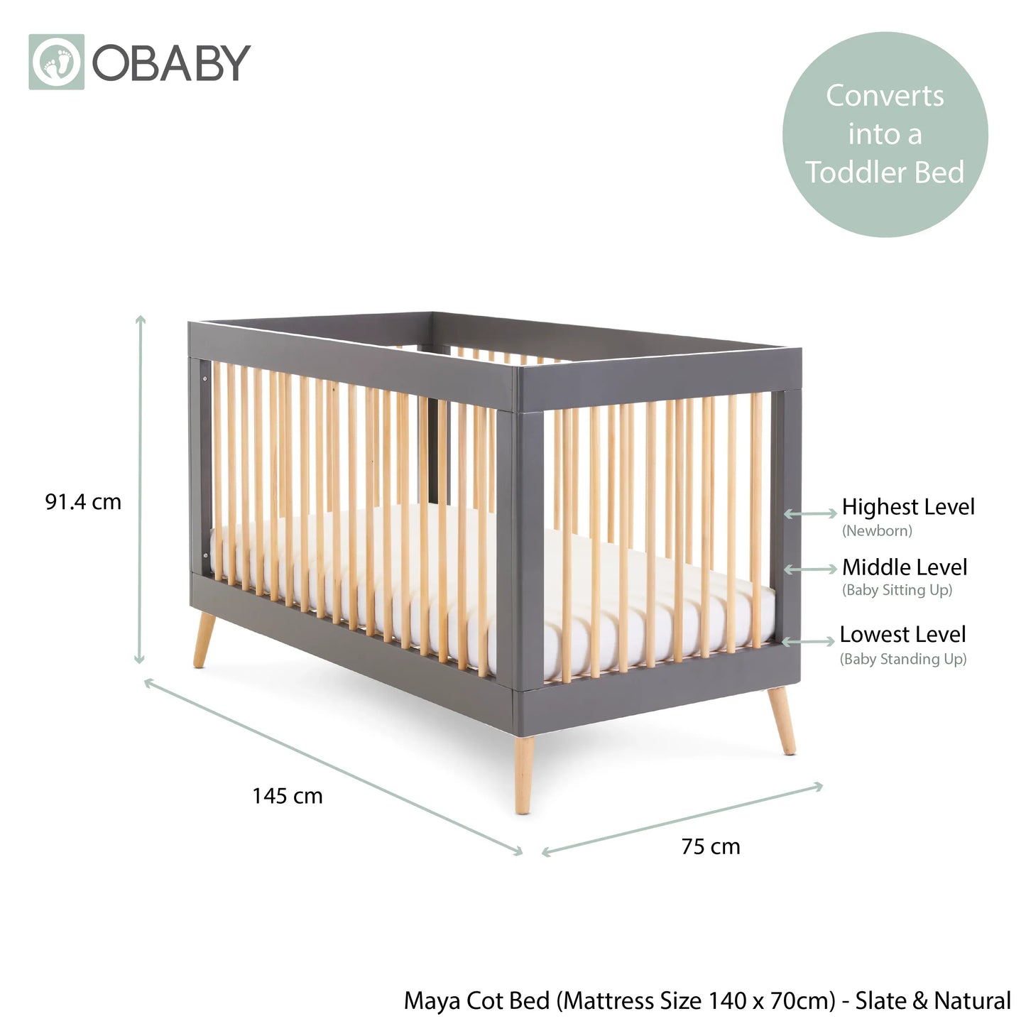Obaby Maya 3 Piece Nursery Furniture Set – Slate & Natural Wood Obaby