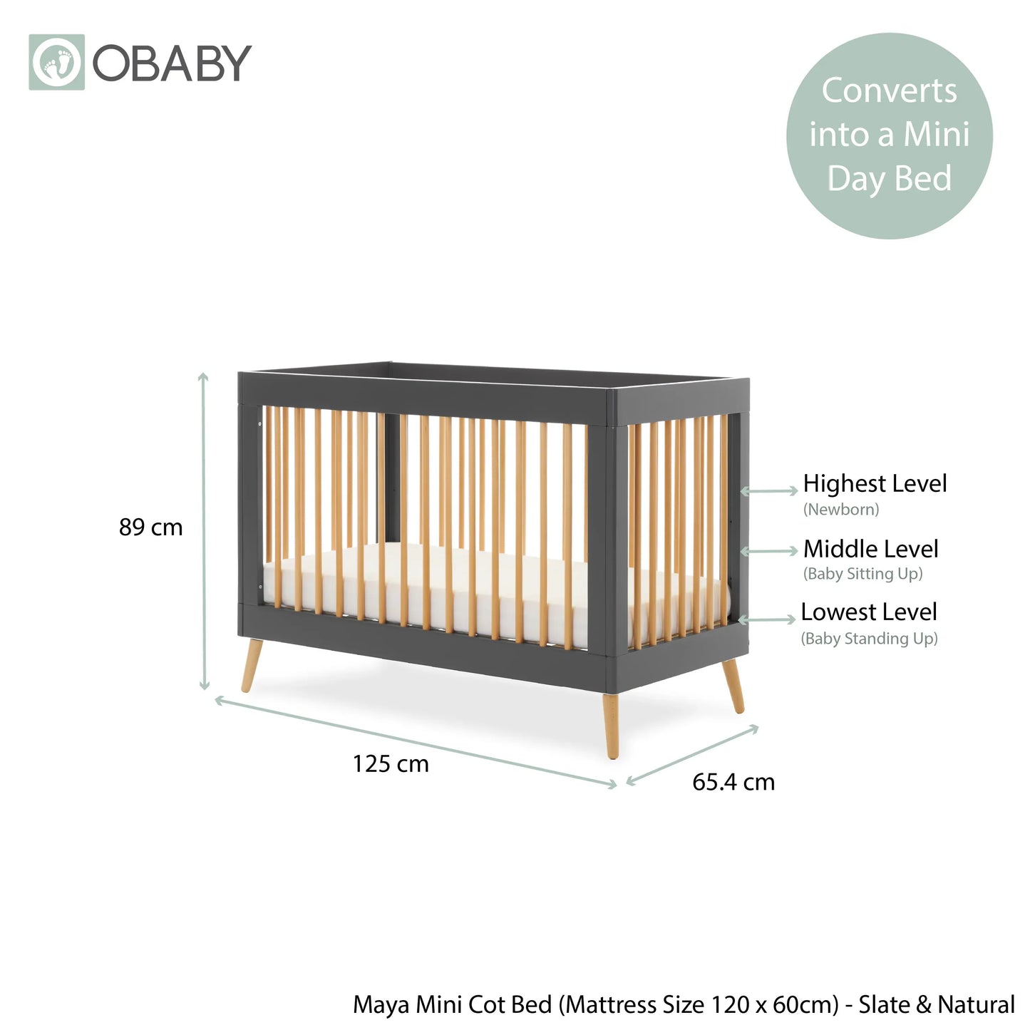 Obaby Maya Mini Cot Bed – Slate & Natural Wood Obaby