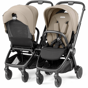 Beige and black peg perego city loop twin double stroller with sleek modern design in 3 in 1 travel system