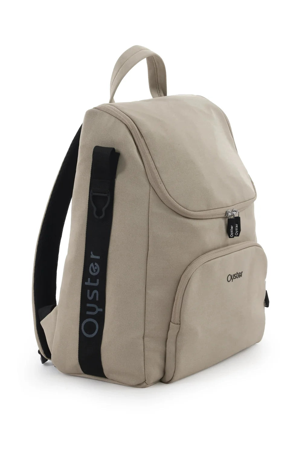 Beige oyster backpack with black straps and zipper pulls in the oyster 4 buttermilk luxury travel system set