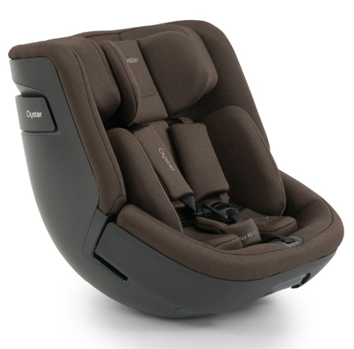 Oyster 4 toddler 360 car seat in chocolate velvet with brown fabric and dark gray plastic featuring oystar branding