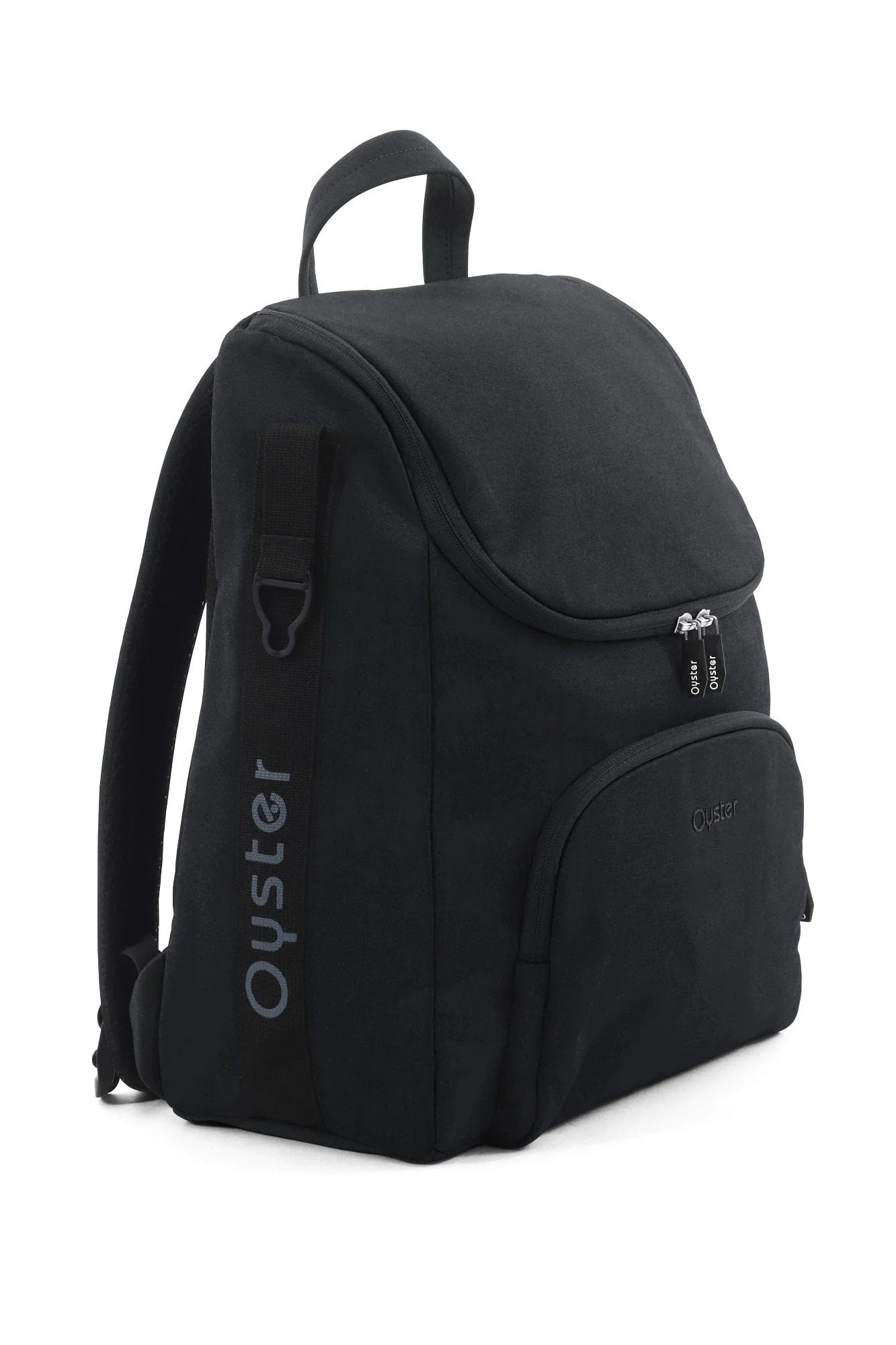 Black oyster backpack with sleek minimalist design and subtle gray branding in oyster 4 carbonite travel system