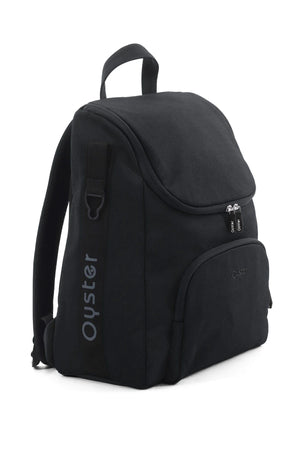 Black oyster backpack with sleek minimalist design and subtle gray branding in oyster 4 carbonite travel system