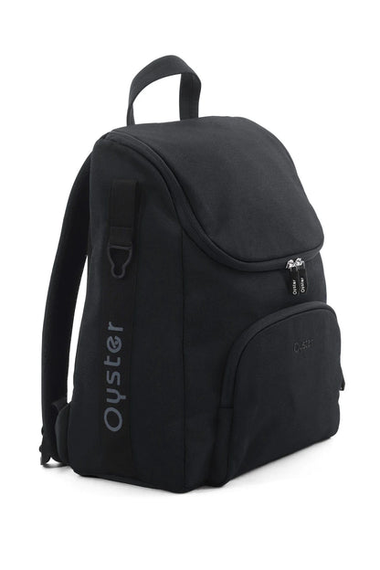 Black oyster backpack with sleek minimalist design and subtle gray branding in oyster 4 carbonite travel system